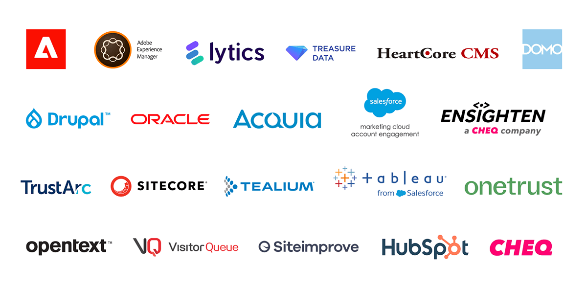Technology partners including Adobe, Sitecore, Tealium, HubSpot, Oracle, and more